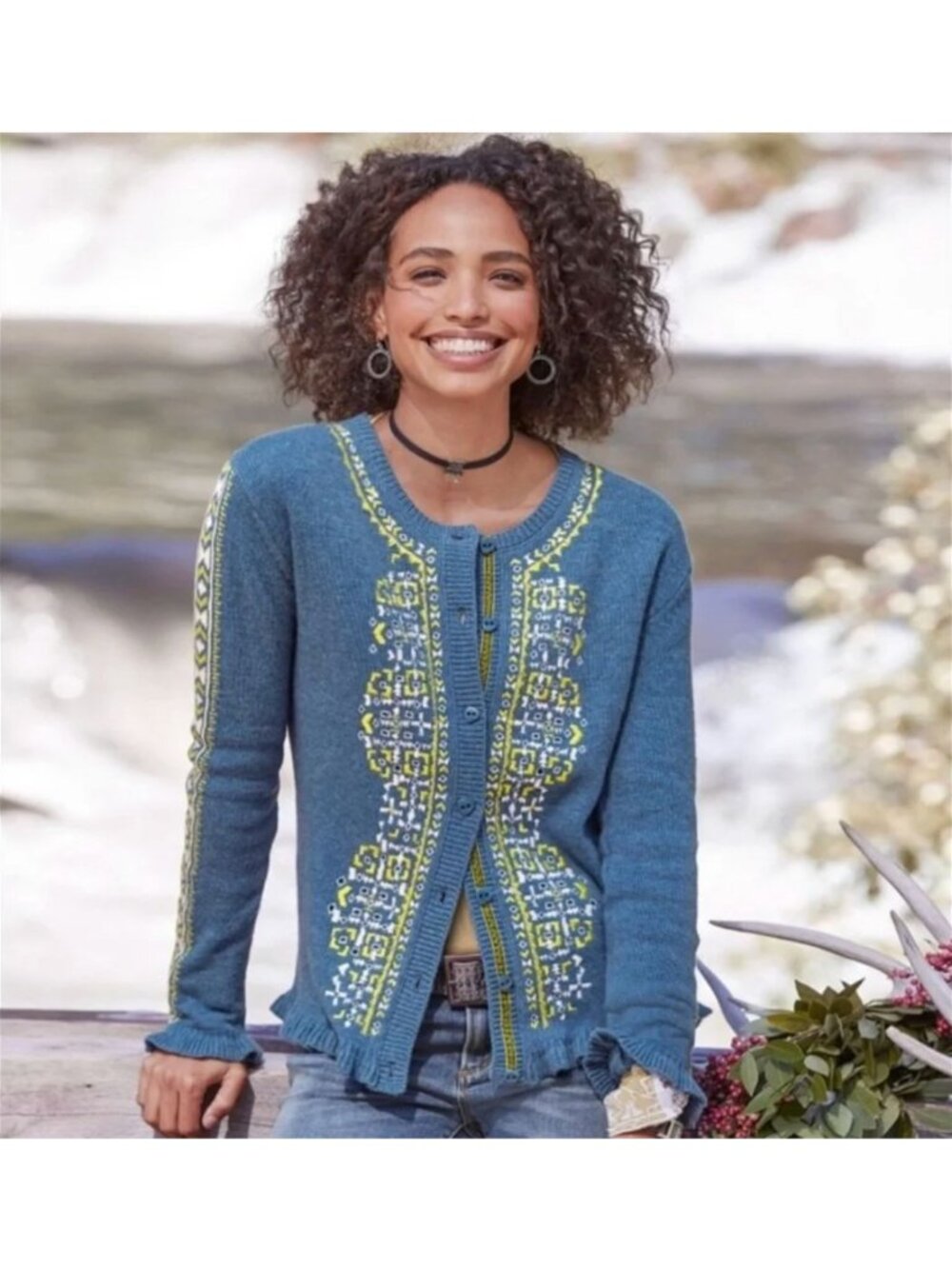 Sundance Marquette Embroidered Wool Blue Cardigan Sweater S